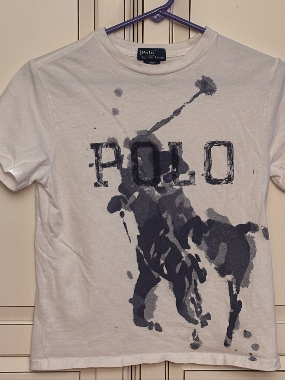 Boys Polo by Ralph Lauren White Crewneck Tee with Navy Polo Graphic- size S (8)